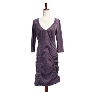 XCVI Women's Dress Size Large Purple Ruched V-Neck Midi‎ Longsleeve Midi Boho